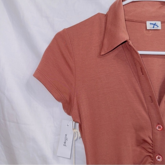 Wilfred NWT Short Sleeve Button Front Ruched Visit Shirt Dress in Mocha Sorbet - Picture 2 of 7